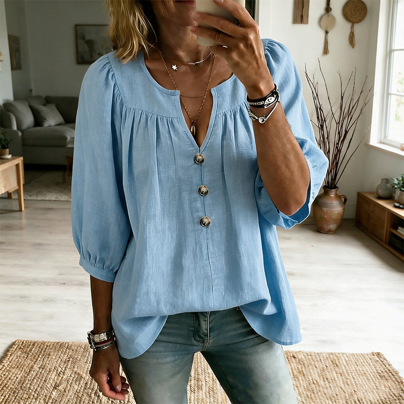 Blouse femme à col V et manches trois-quarts élégantes