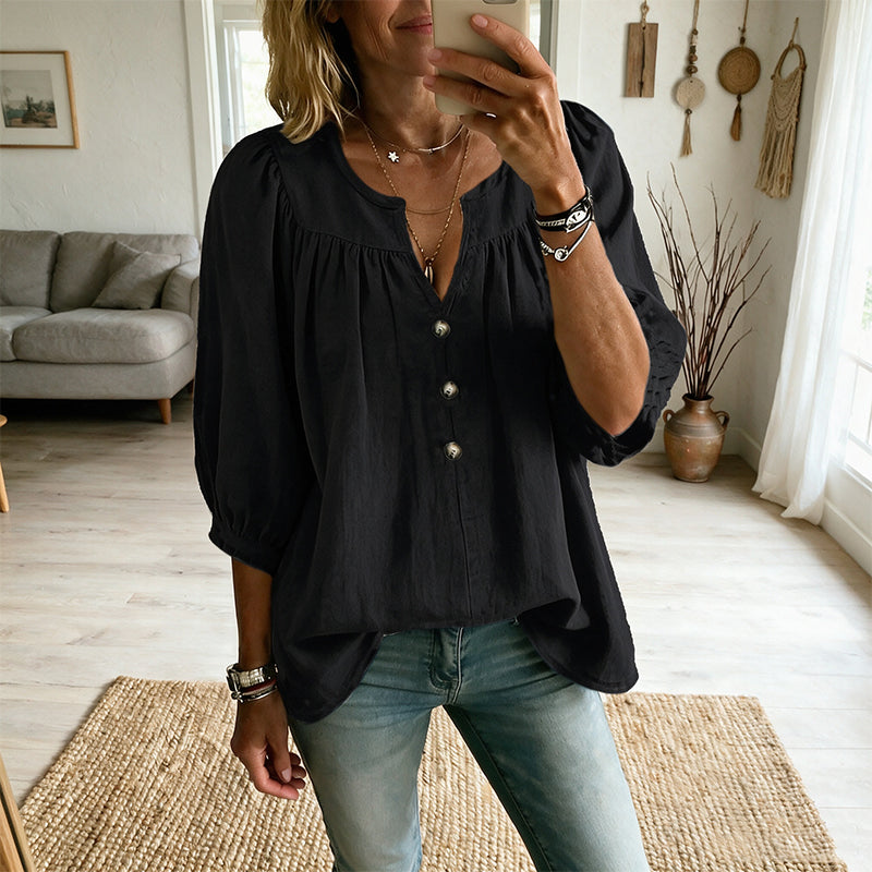 Blouse femme à col V et manches trois-quarts élégantes