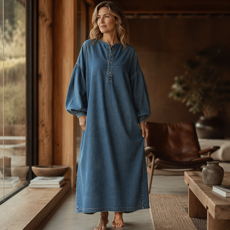Delmira | Robe maxi en denim délavé avec manches bouffantes