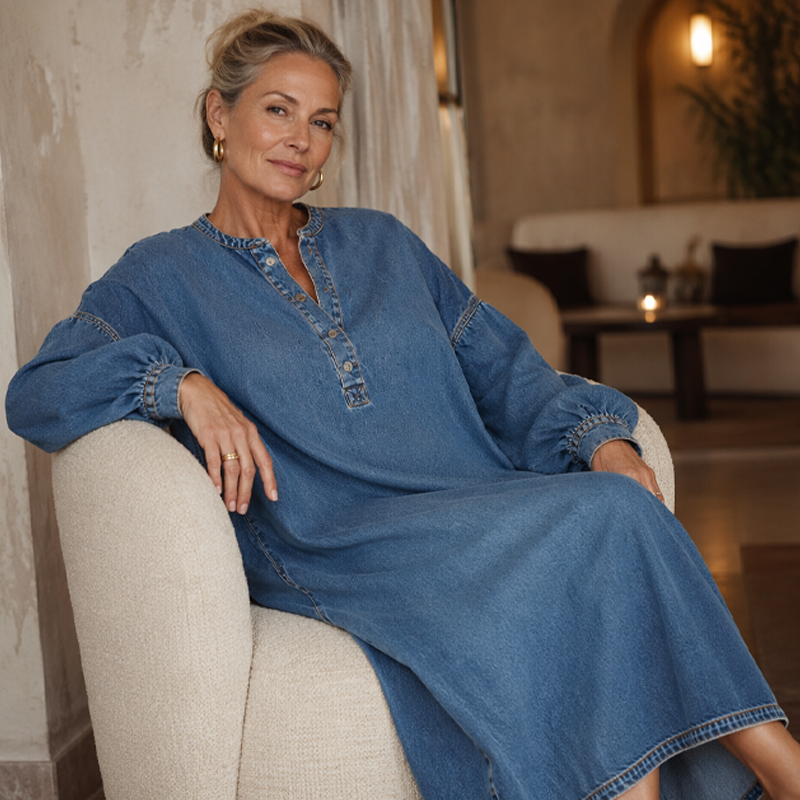 Delmira | Robe maxi en denim délavé avec manches bouffantes