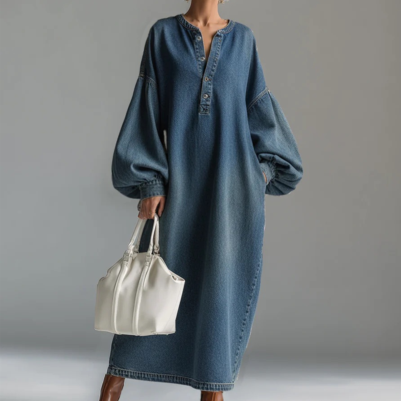 Delmira | Robe maxi en denim délavé avec manches bouffantes