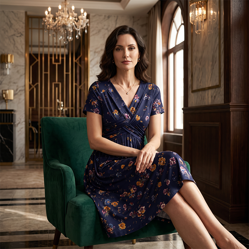 Clavie | Robe midi florale pour femmes avec taille torsadée et poches