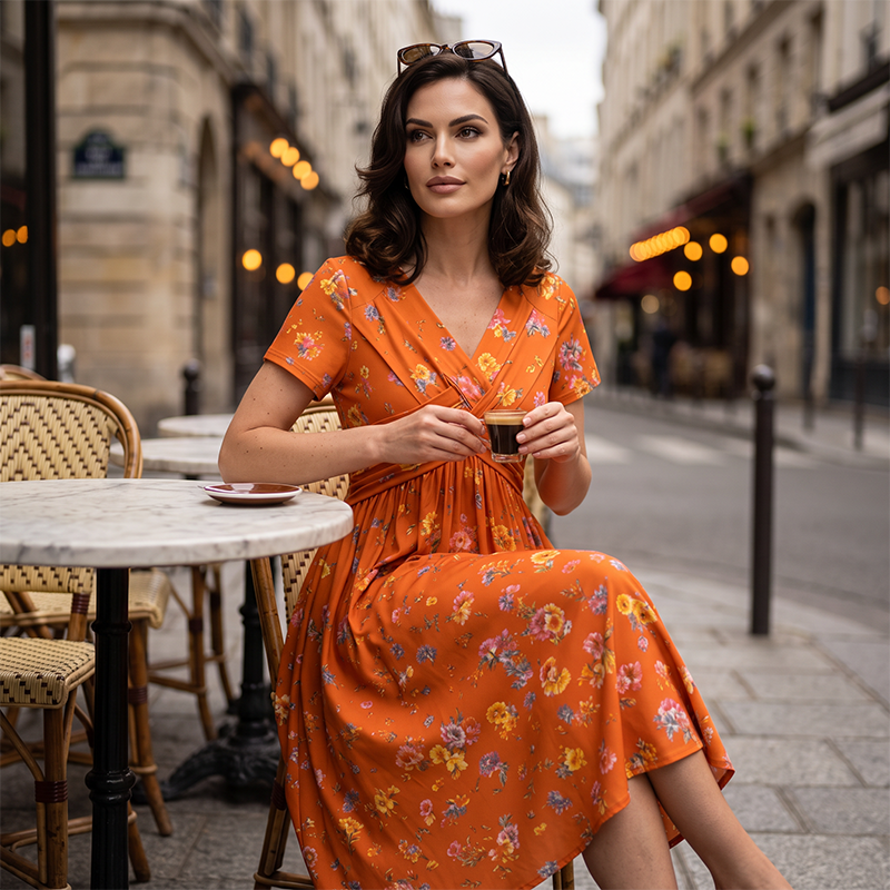 Clavie | Robe midi florale pour femmes avec taille torsadée et poches
