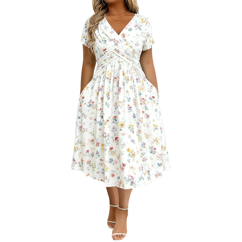 Clavie | Robe midi florale pour femmes avec taille torsadée et poches
