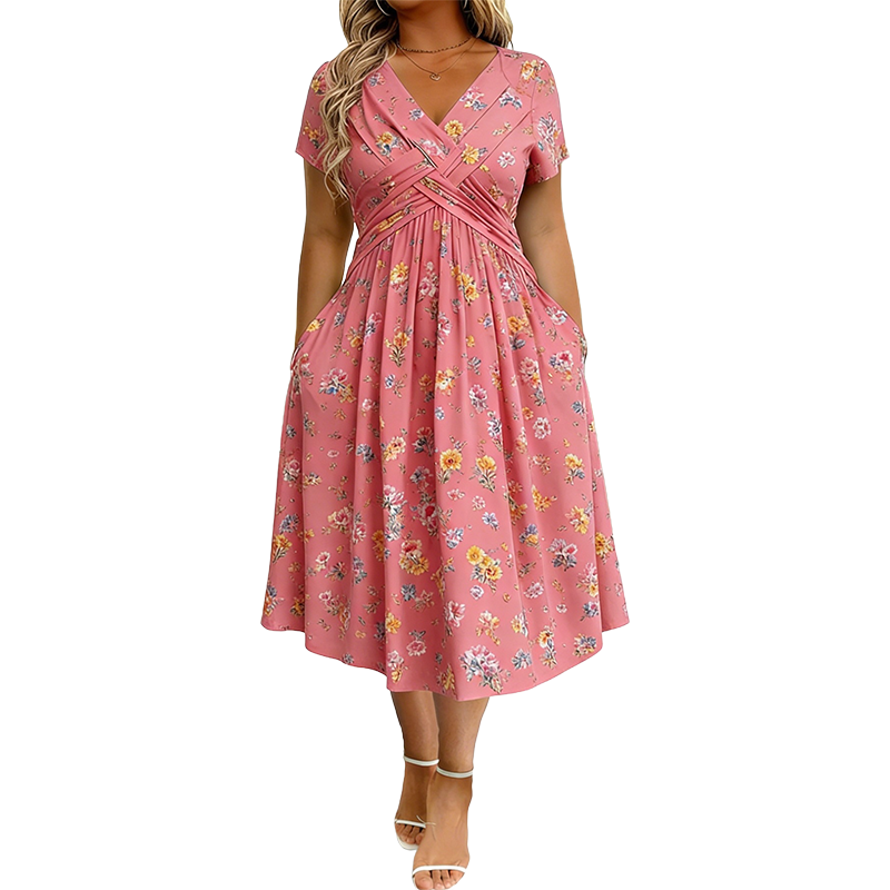 Clavie | Robe midi florale pour femmes avec taille torsadée et poches