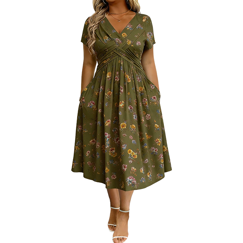 Clavie | Robe midi florale pour femmes avec taille torsadée et poches