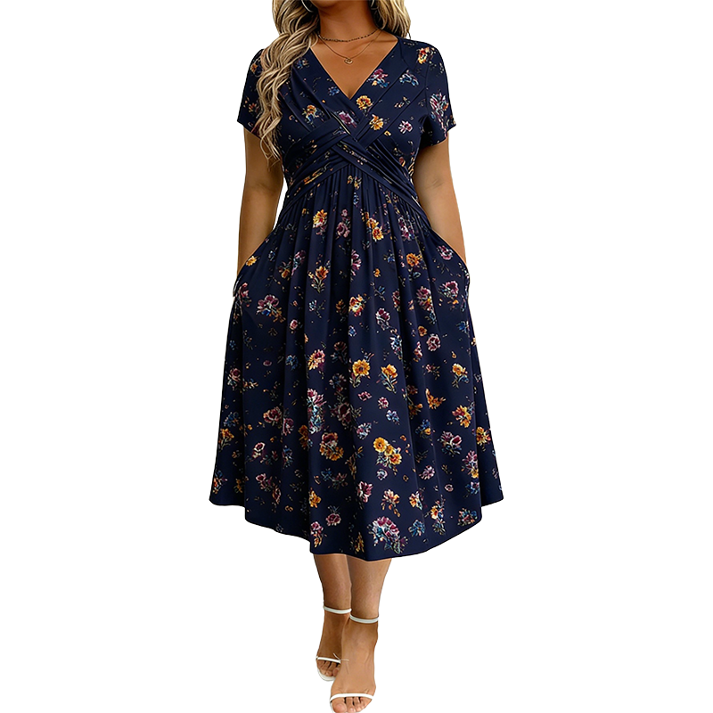 Clavie | Robe midi florale pour femmes avec taille torsadée et poches