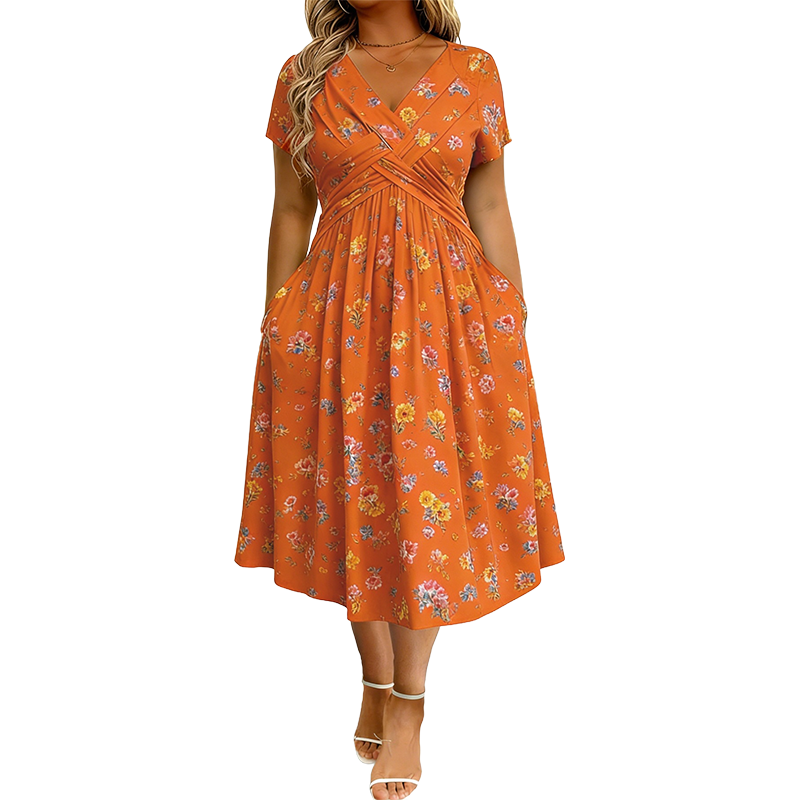 Clavie | Robe midi florale pour femmes avec taille torsadée et poches