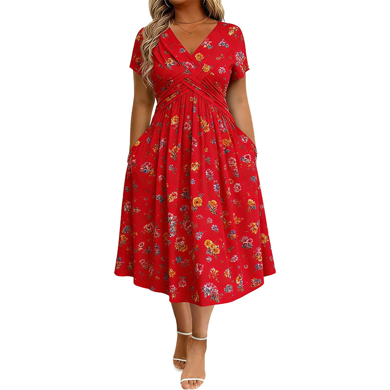 Clavie | Robe midi florale pour femmes avec taille torsadée et poches