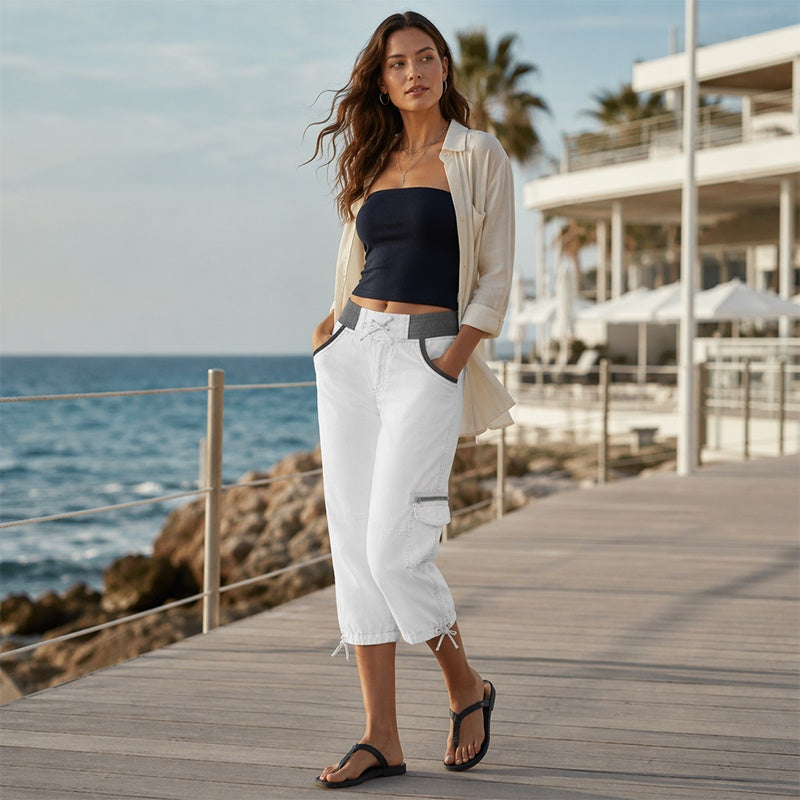 Falivana | Pantalon cargo Capri taille haute avec poches