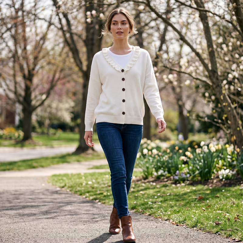 Cardigan femme boutonné en maille avec col volanté