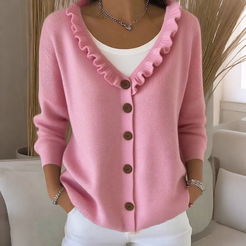 Cardigan femme boutonné en maille avec col volanté