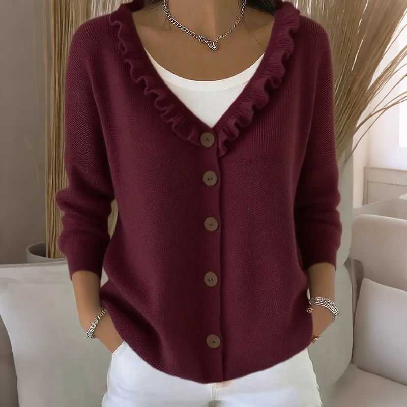 Cardigan femme boutonné en maille avec col volanté