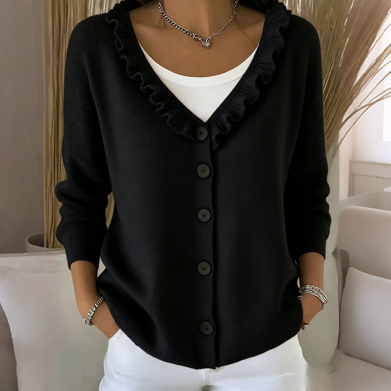 Cardigan femme boutonné en maille avec col volanté