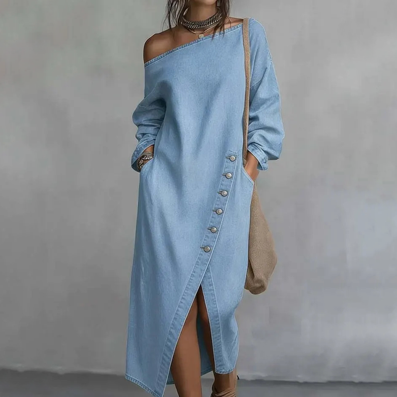 Irmelin | Robe midi en denim sans épaules avec boutons latéraux