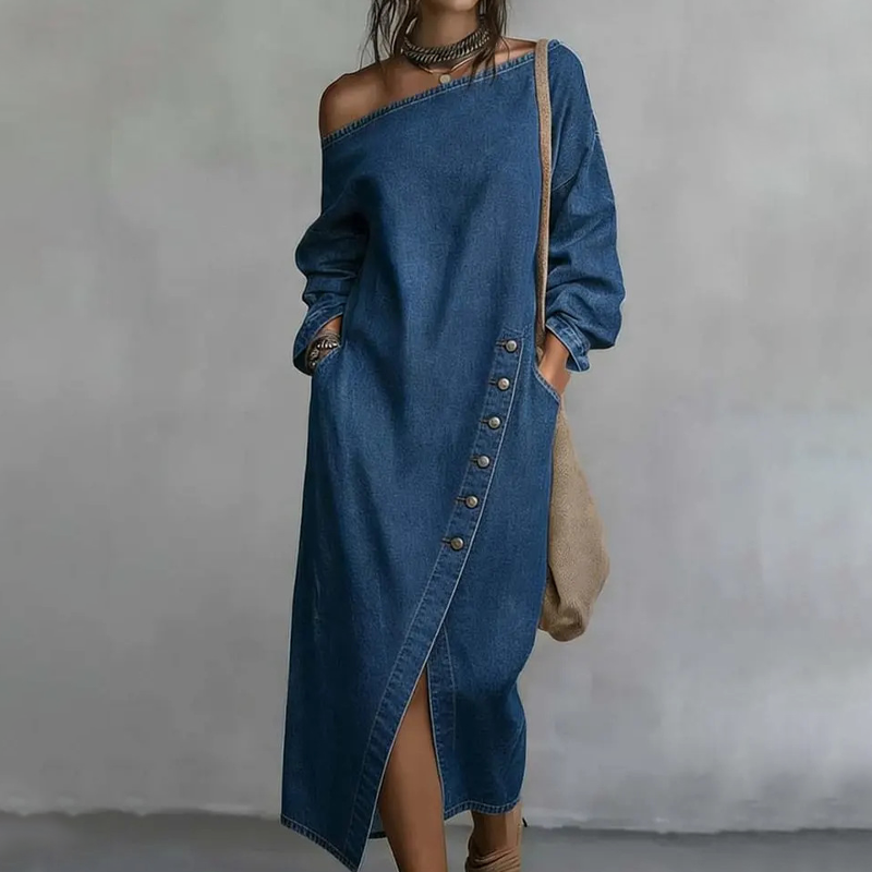 Irmelin | Robe midi en denim sans épaules avec boutons latéraux