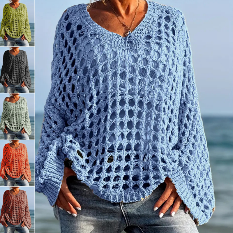 Jasheil | Haut en tricot ajouré décontracté avec décolleté en V