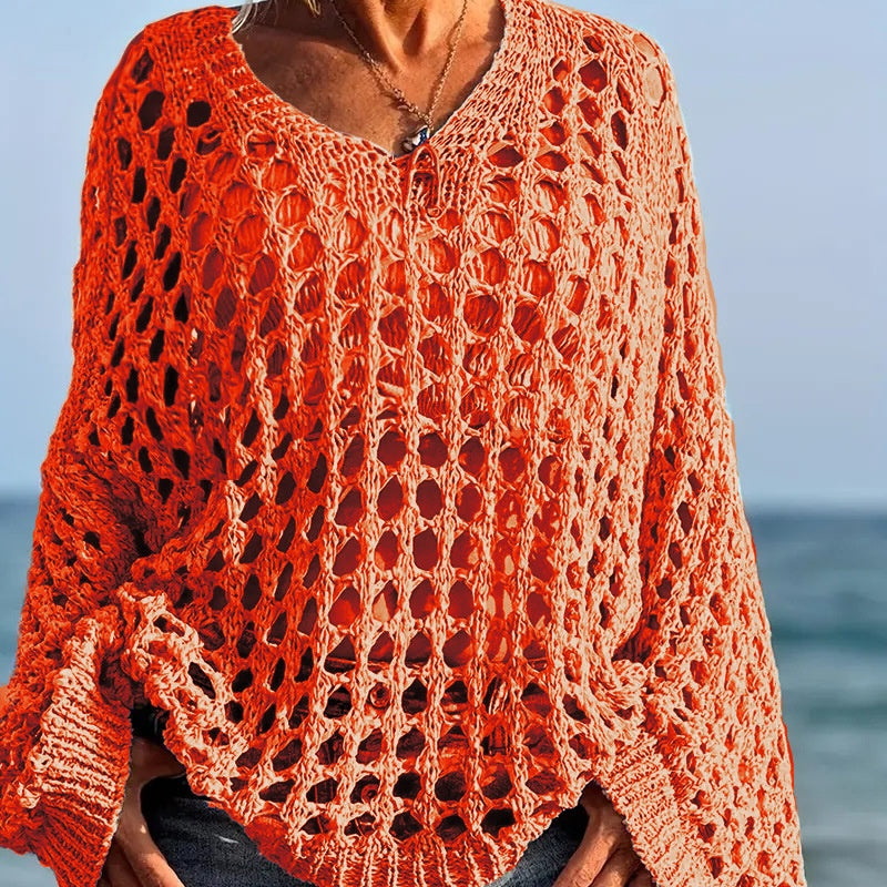 Jasheil | Haut en tricot ajouré décontracté avec décolleté en V