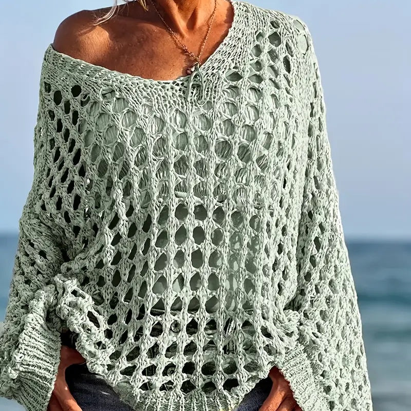 Jasheil | Haut en tricot ajouré décontracté avec décolleté en V