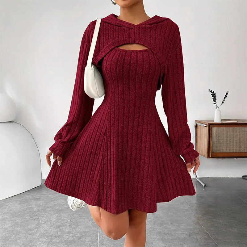 Larenia | Ensemble de robe en tricot côtelé avec hoodie court