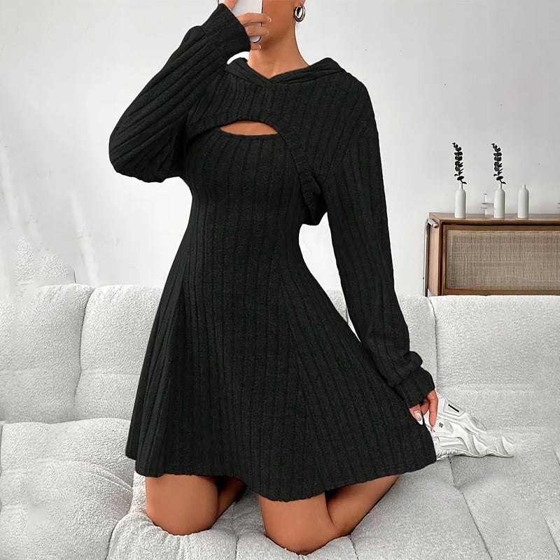Larenia | Ensemble de robe en tricot côtelé avec hoodie court