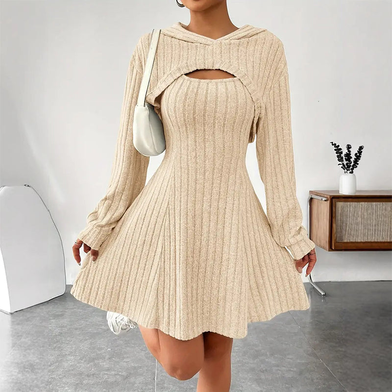 Larenia | Ensemble de robe en tricot côtelé avec hoodie court