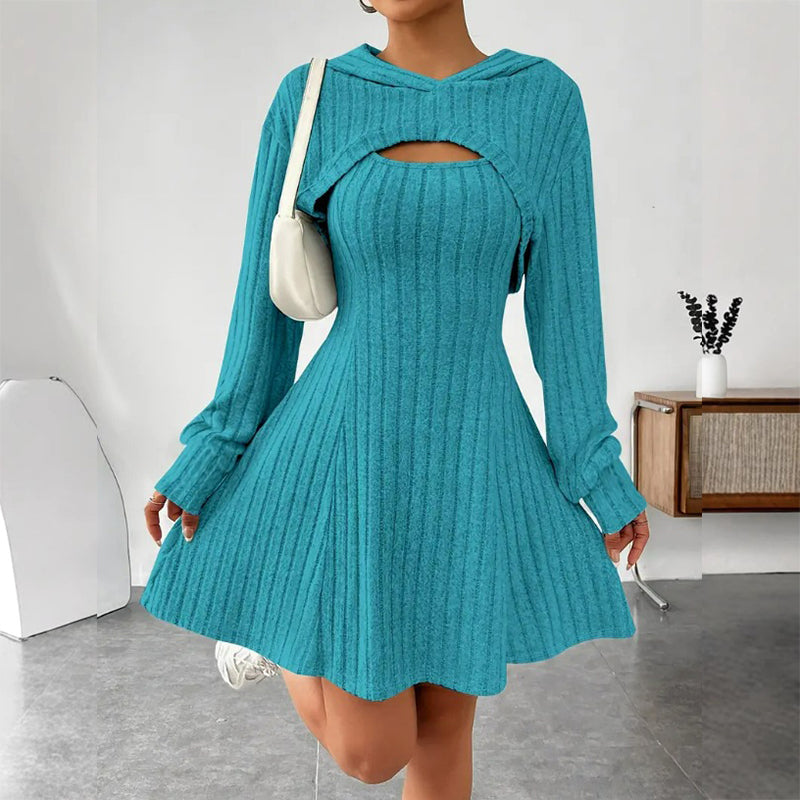 Larenia | Ensemble de robe en tricot côtelé avec hoodie court