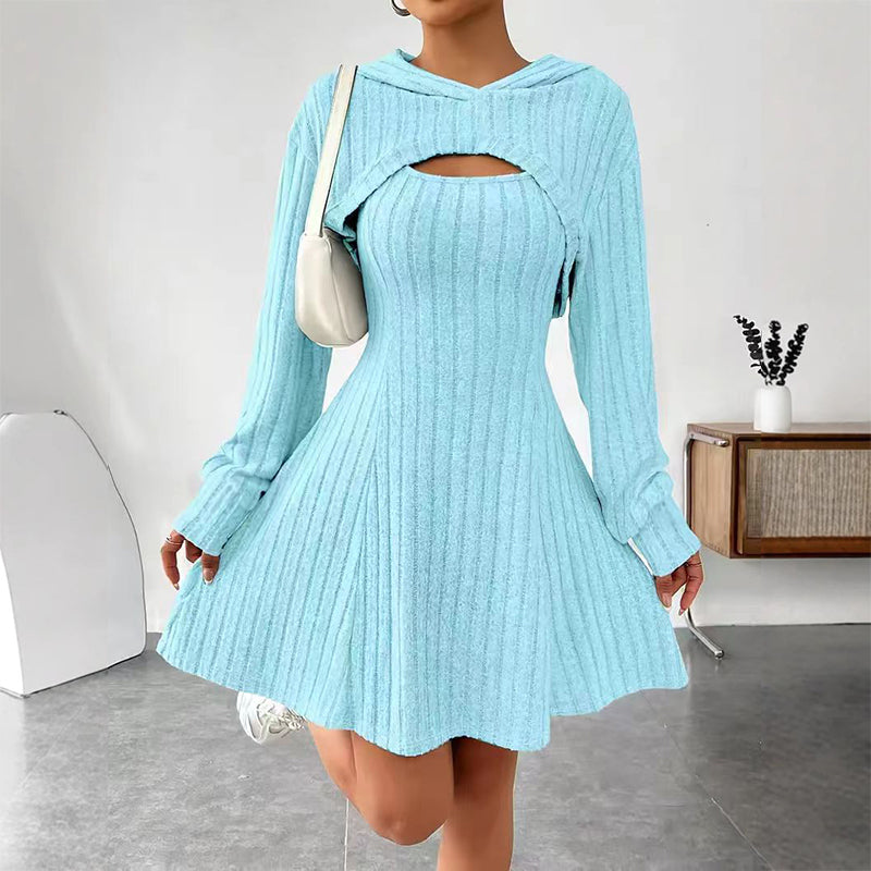 Larenia | Ensemble de robe en tricot côtelé avec hoodie court