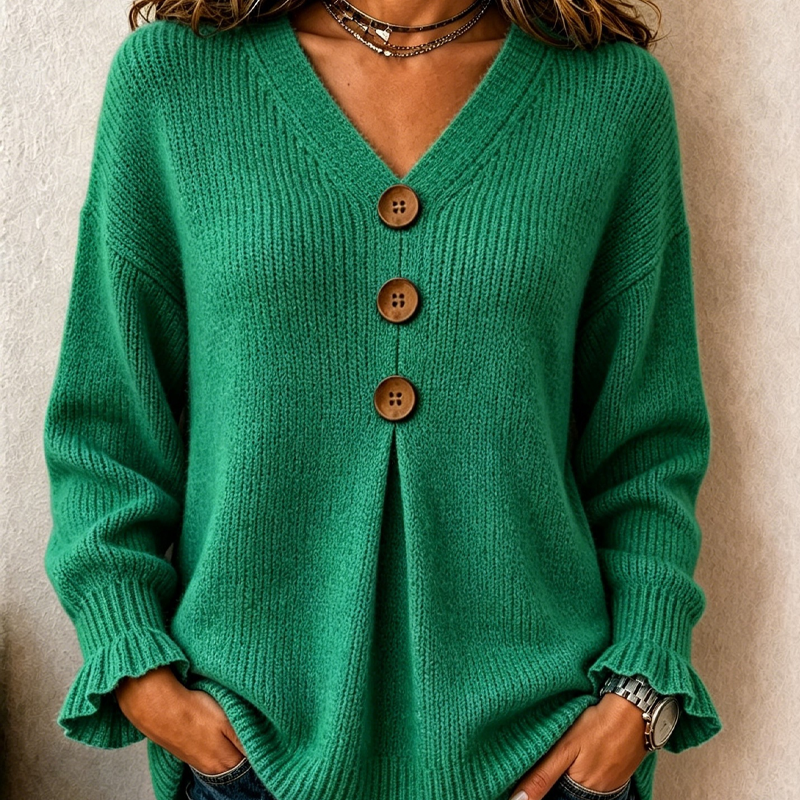 Pull femme en maille à col V avec boutons