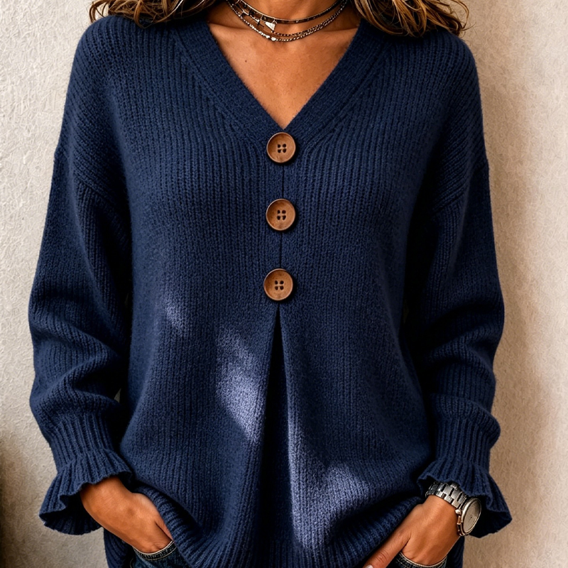 Pull femme en maille à col V avec boutons