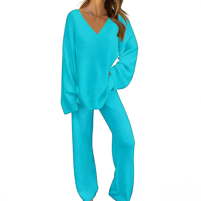 Charbby | Ensemble tricot femme avec pull à col en V et pantalon large