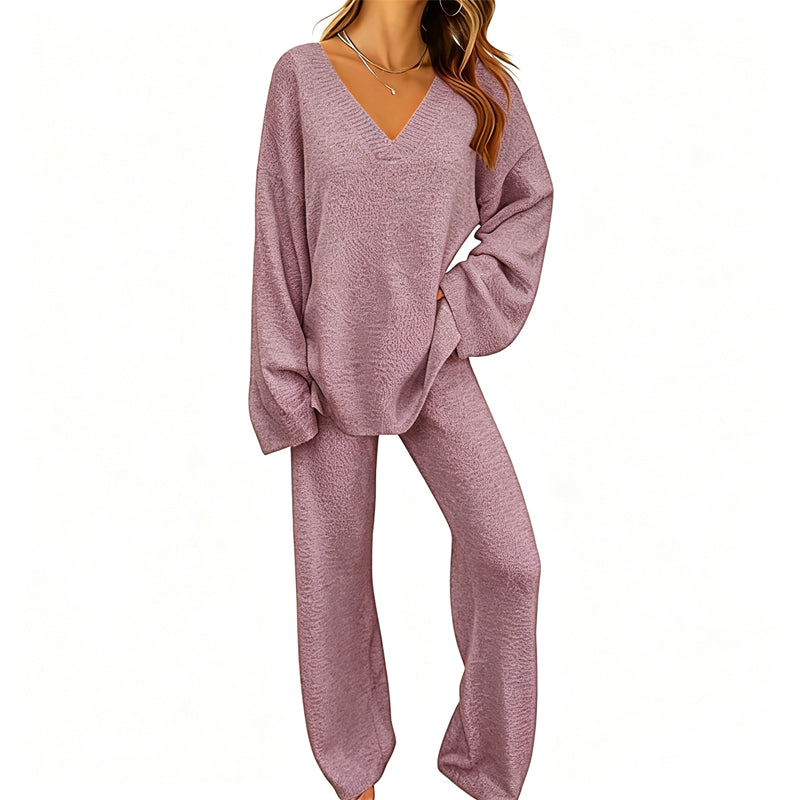 Charbby | Ensemble tricot femme avec pull à col en V et pantalon large