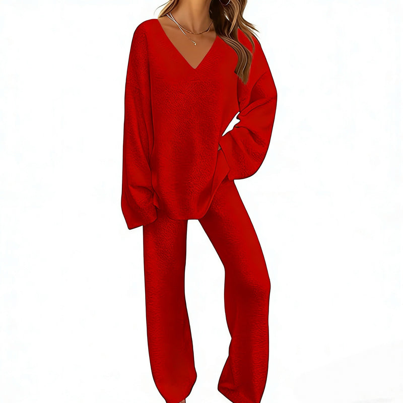 Charbby | Ensemble tricot femme avec pull à col en V et pantalon large
