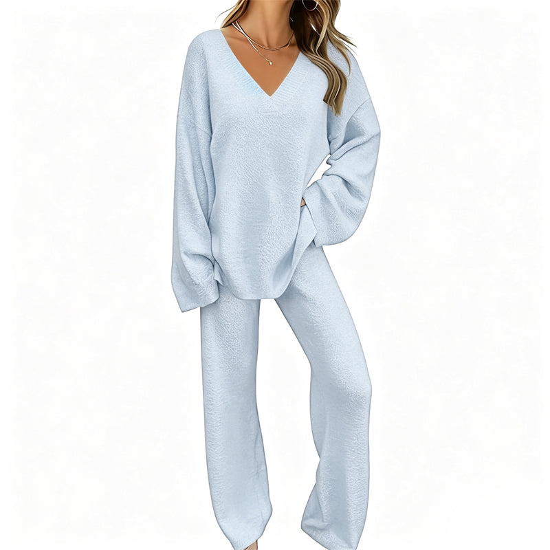 Charbby | Ensemble tricot femme avec pull à col en V et pantalon large