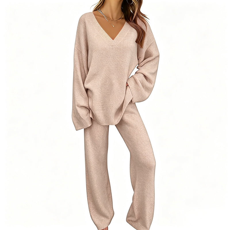 Charbby | Ensemble tricot femme avec pull à col en V et pantalon large