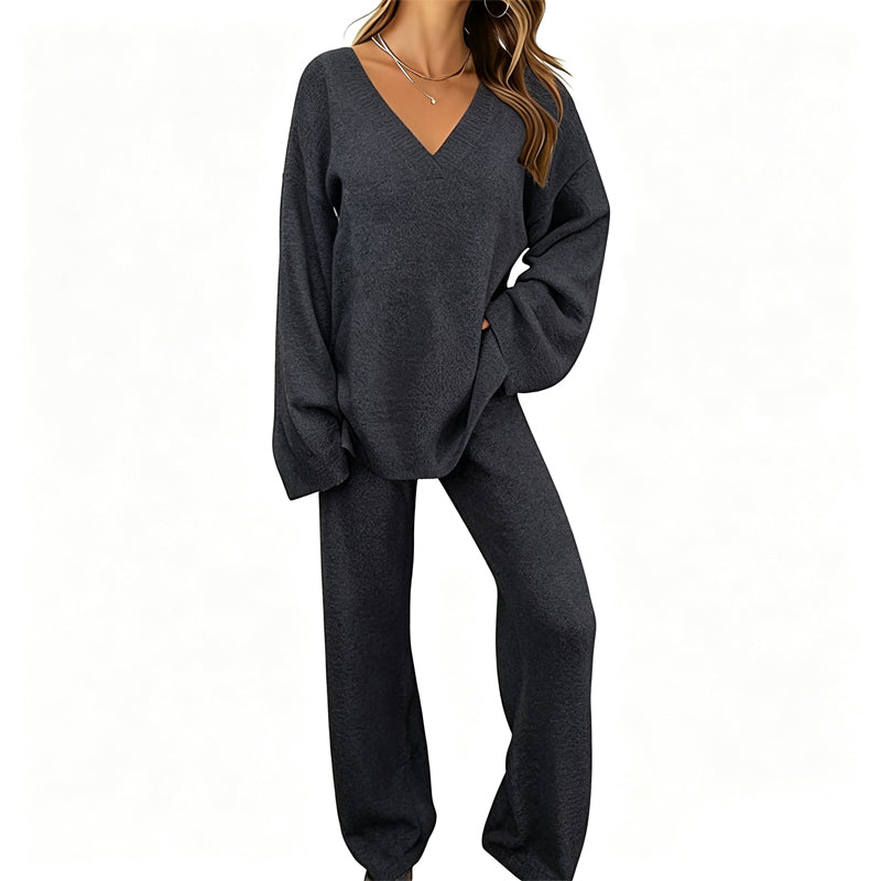 Charbby | Ensemble tricot femme avec pull à col en V et pantalon large