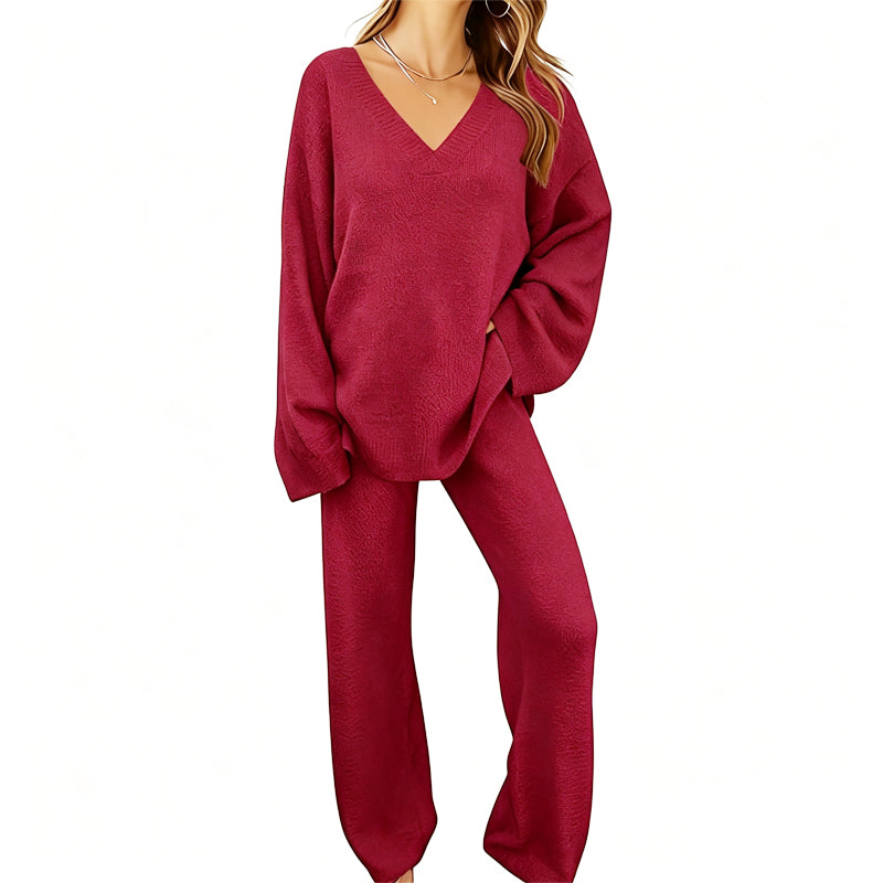 Charbby | Ensemble tricot femme avec pull à col en V et pantalon large