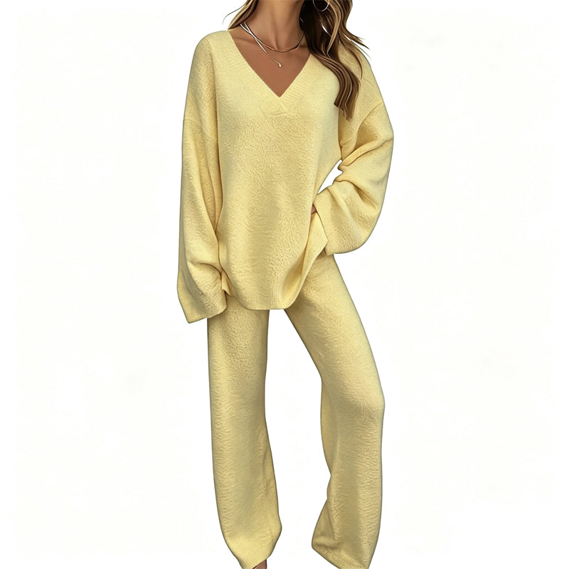 Charbby | Ensemble tricot femme avec pull à col en V et pantalon large