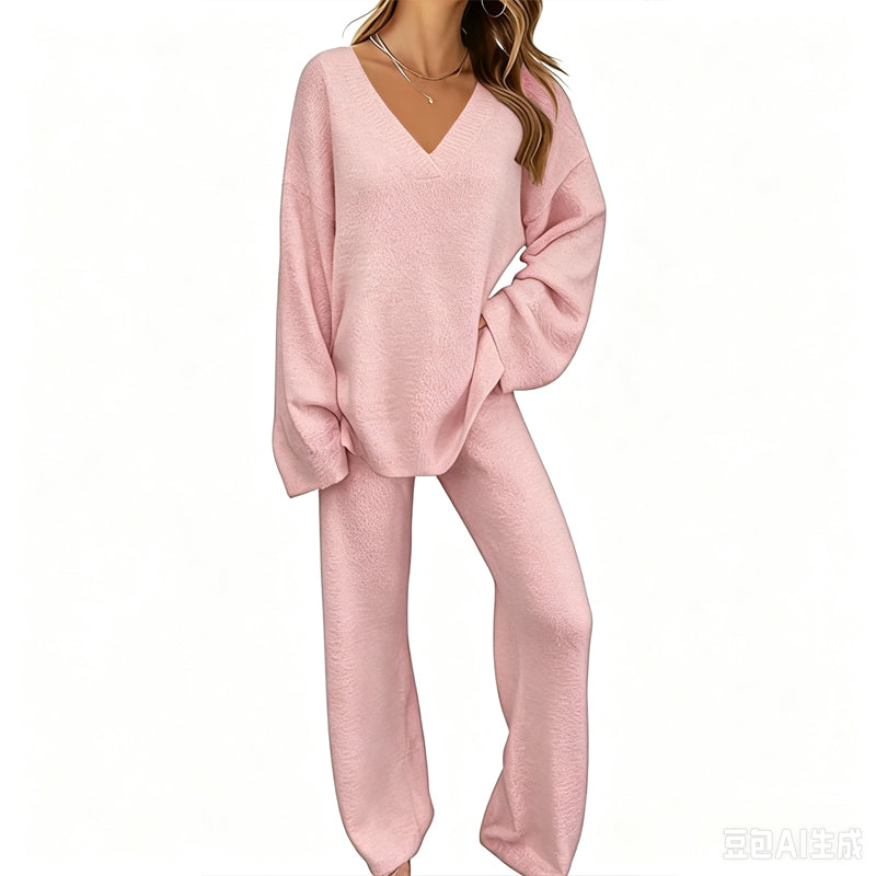 Charbby | Ensemble tricot femme avec pull à col en V et pantalon large