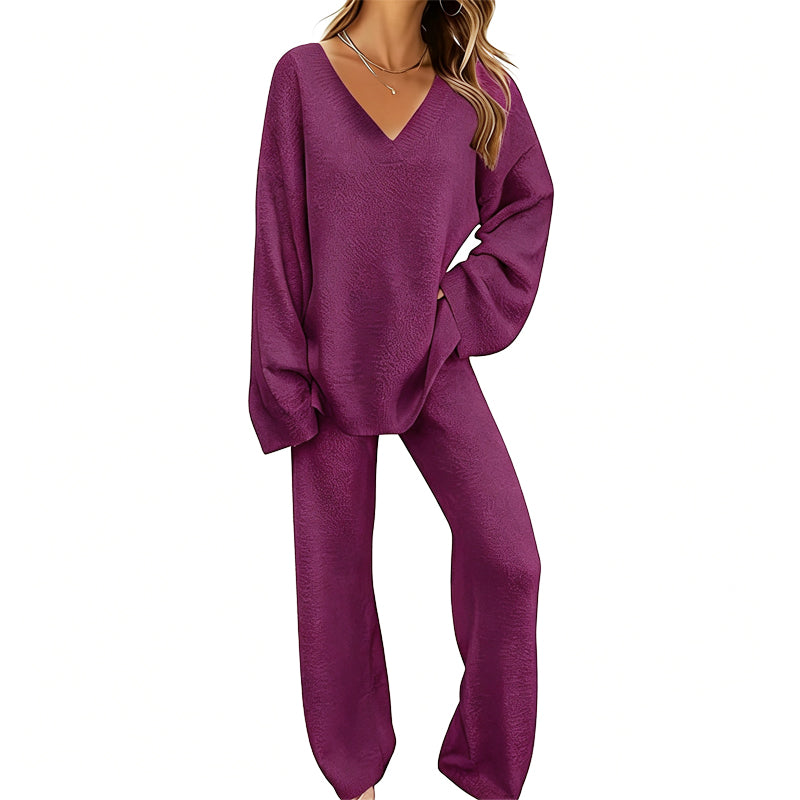 Charbby | Ensemble tricot femme avec pull à col en V et pantalon large