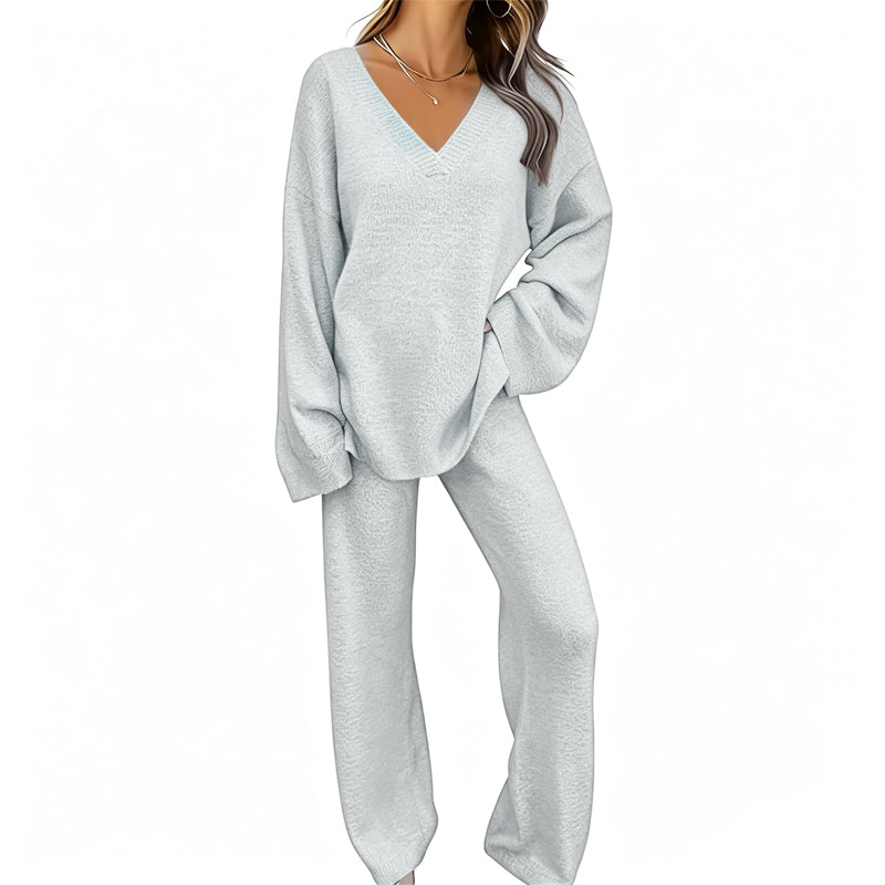 Charbby | Ensemble tricot femme avec pull à col en V et pantalon large