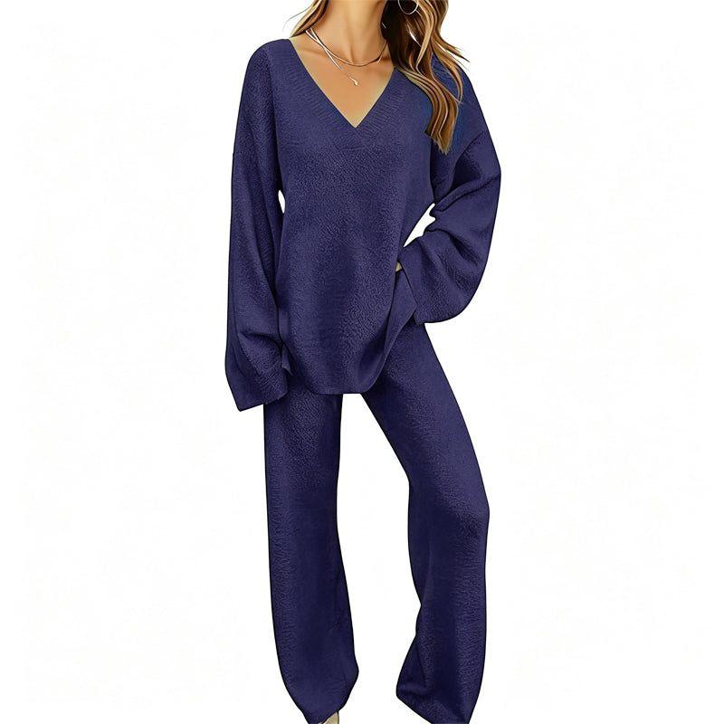 Charbby | Ensemble tricot femme avec pull à col en V et pantalon large