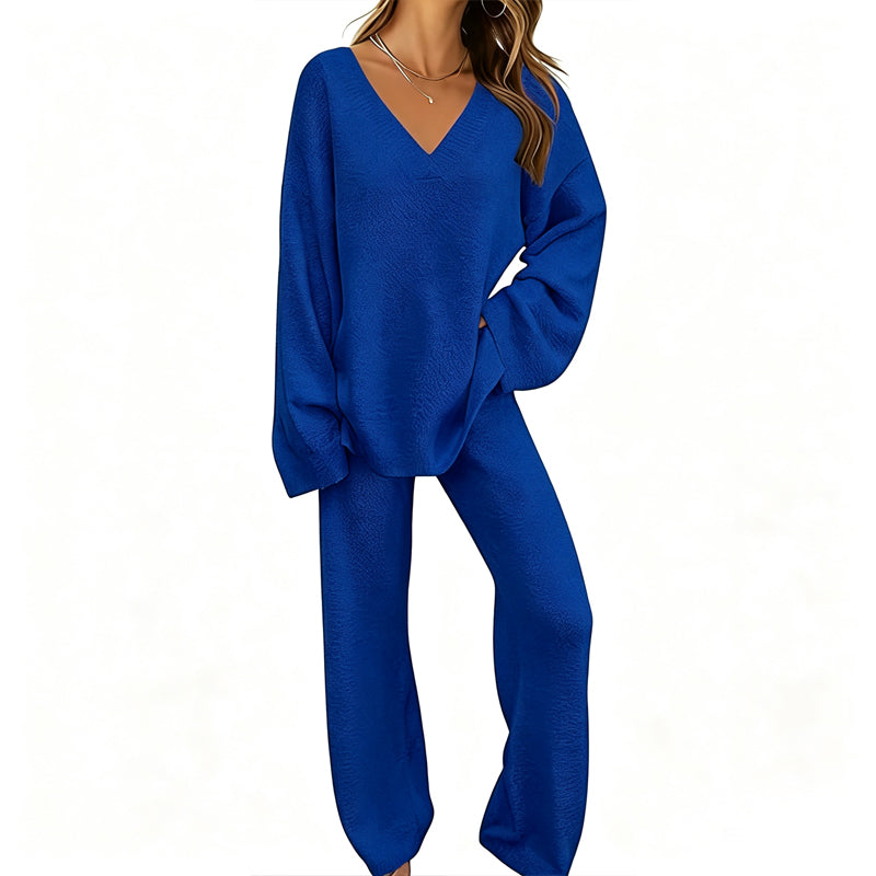 Charbby | Ensemble tricot femme avec pull à col en V et pantalon large