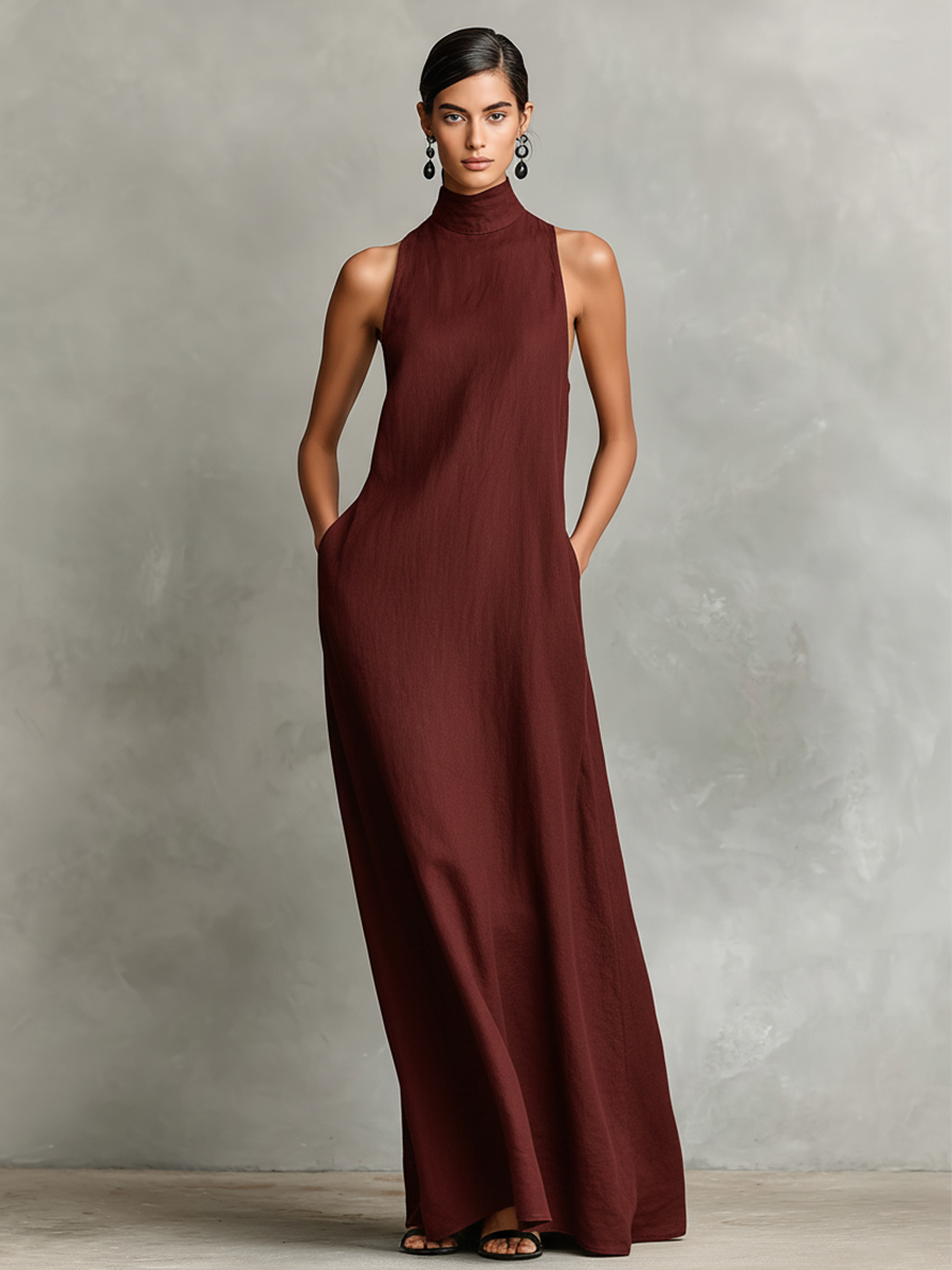 Robe maxi noire pour femmes avec col montant et poches latérales, robe décontractée intemporelle et minimaliste