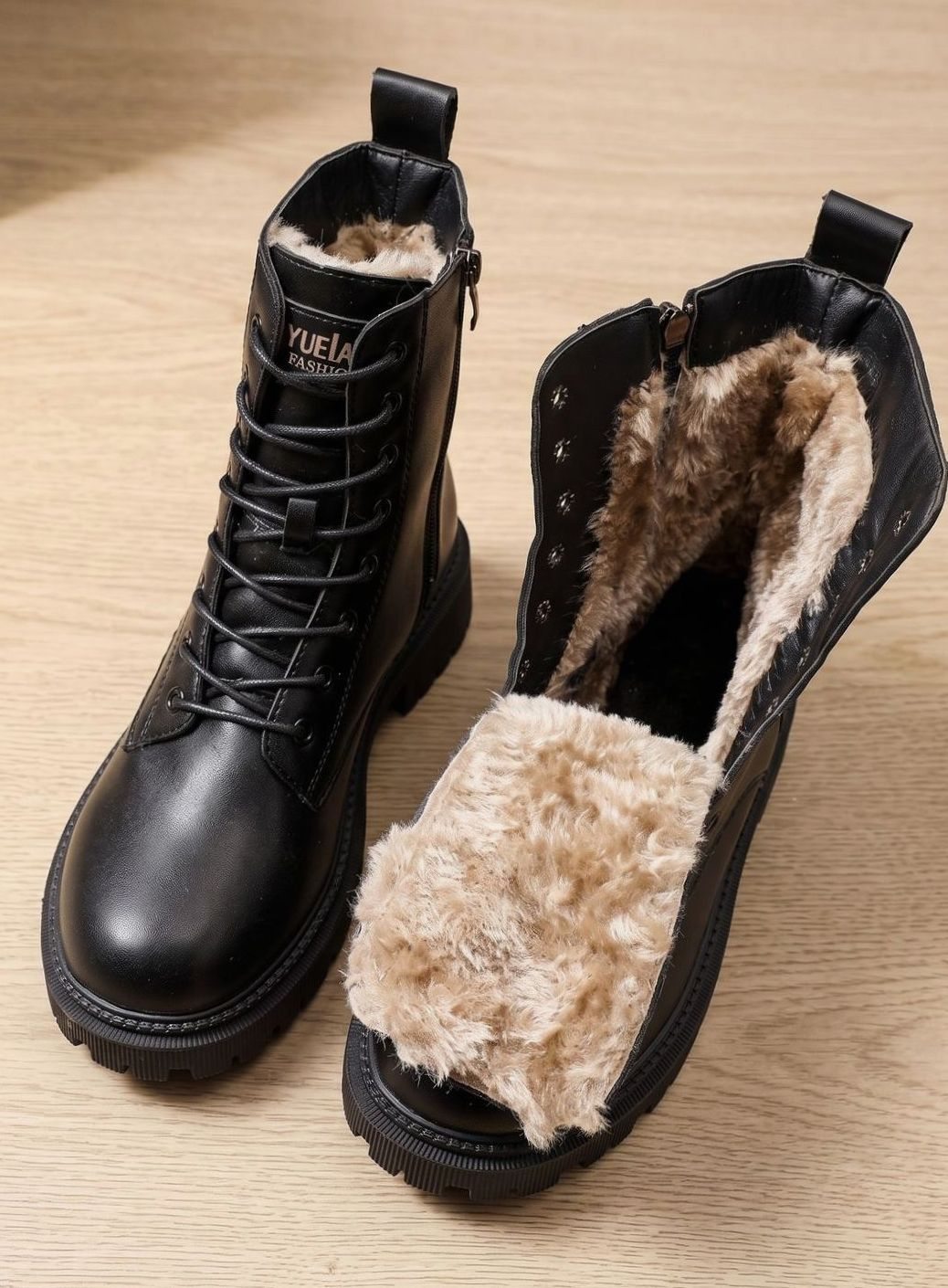 Elfriede | Bottines Femme Fourrées à Lacets en Cuir PU avec Fermeture Éclair
