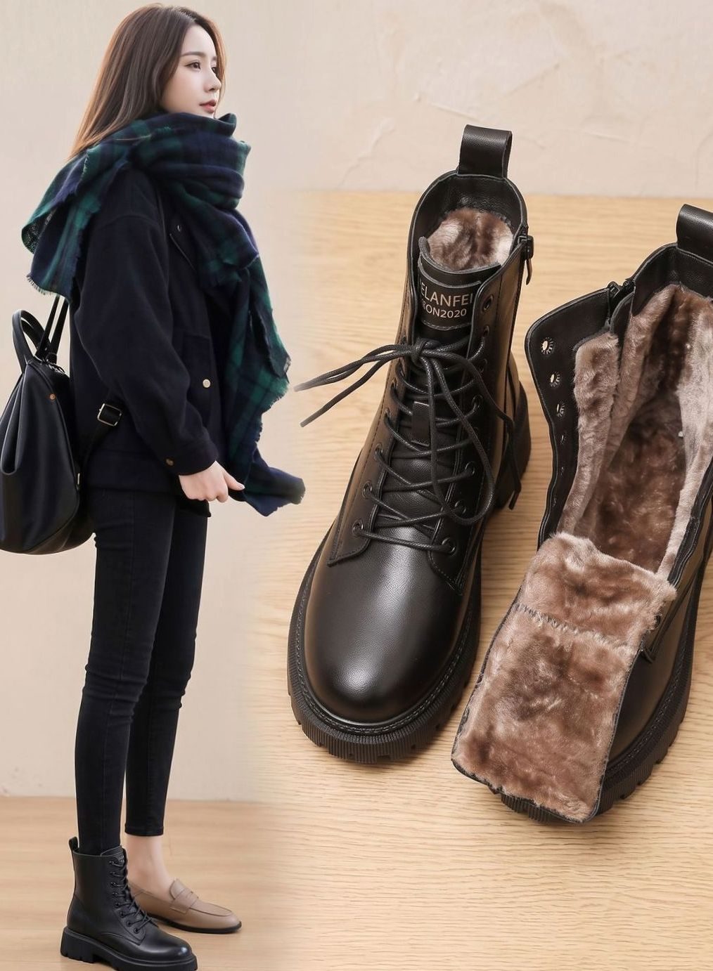 Elfriede | Bottines Femme Fourrées à Lacets en Cuir PU avec Fermeture Éclair