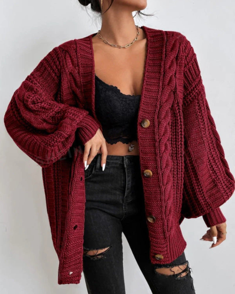 Veste en tricot femme – Avec motif torsadé, coupe large et fermeture à boutons