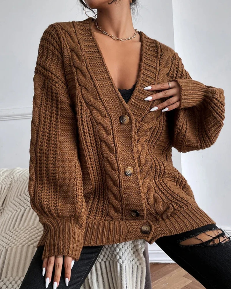 Veste en tricot femme – Avec motif torsadé, coupe large et fermeture à boutons