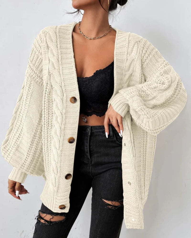 Veste en tricot femme – Avec motif torsadé, coupe large et fermeture à boutons