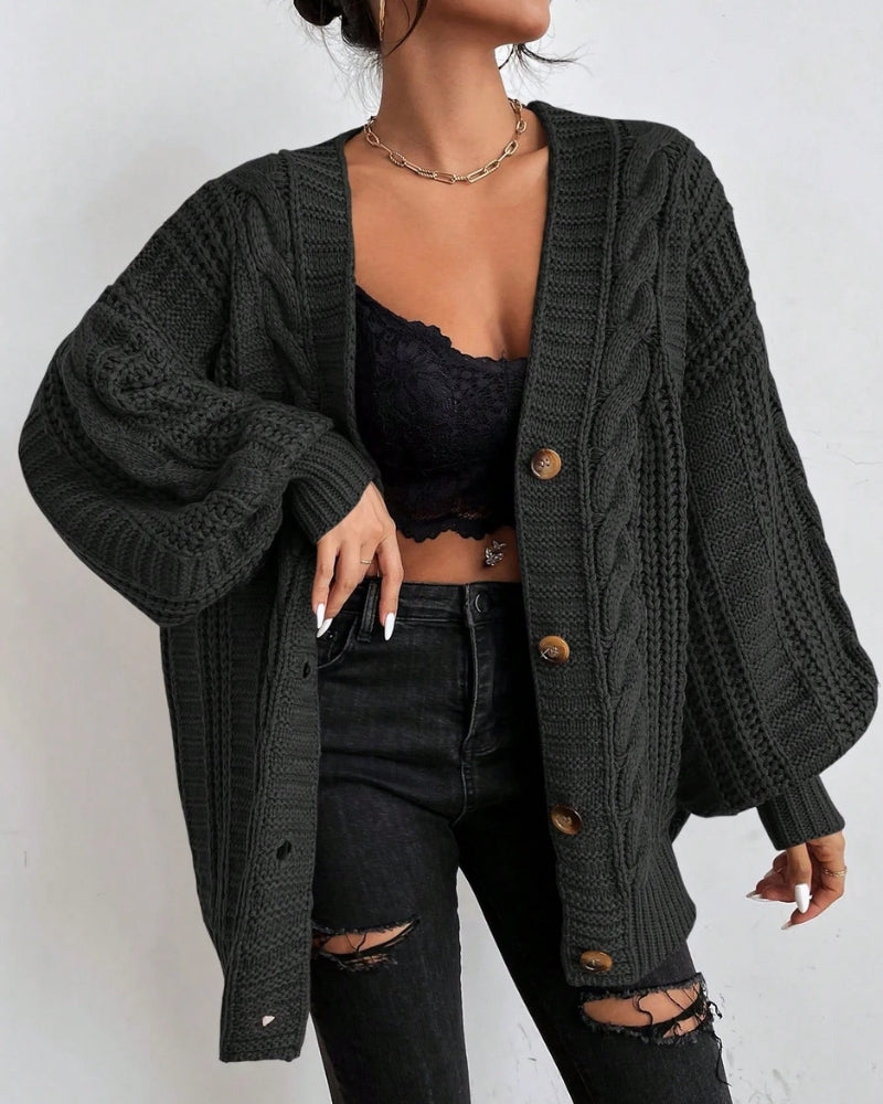 Veste en tricot femme – Avec motif torsadé, coupe large et fermeture à boutons